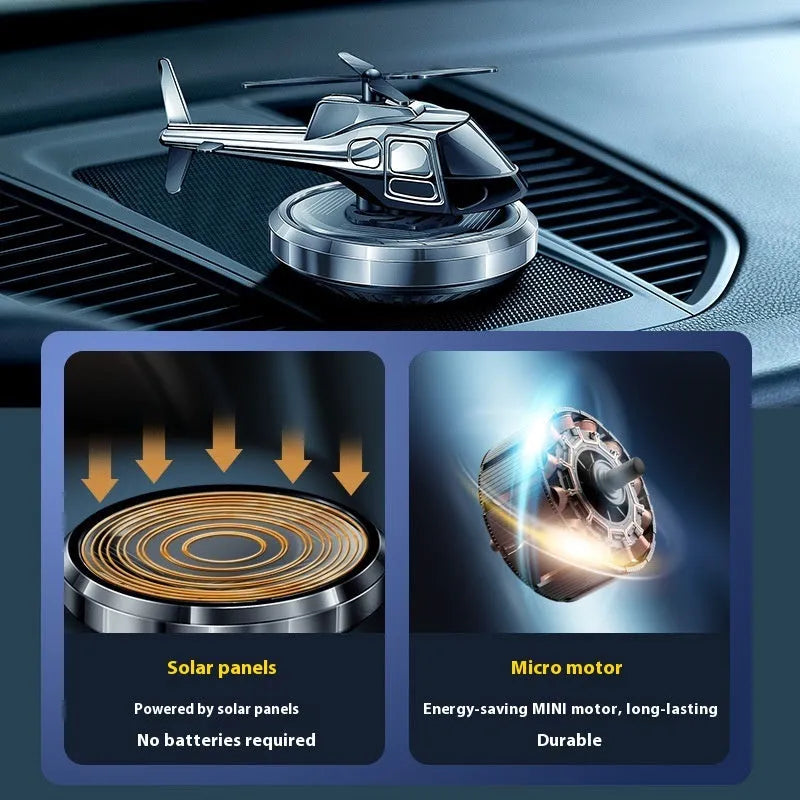 Metal solar-powered rotating helicopter car perfume decoration in three colour options