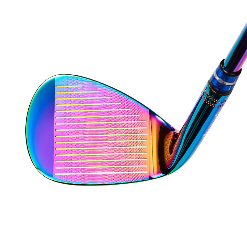 Forged golf wedge with blue electroplated head and CNC groove pattern on striking face