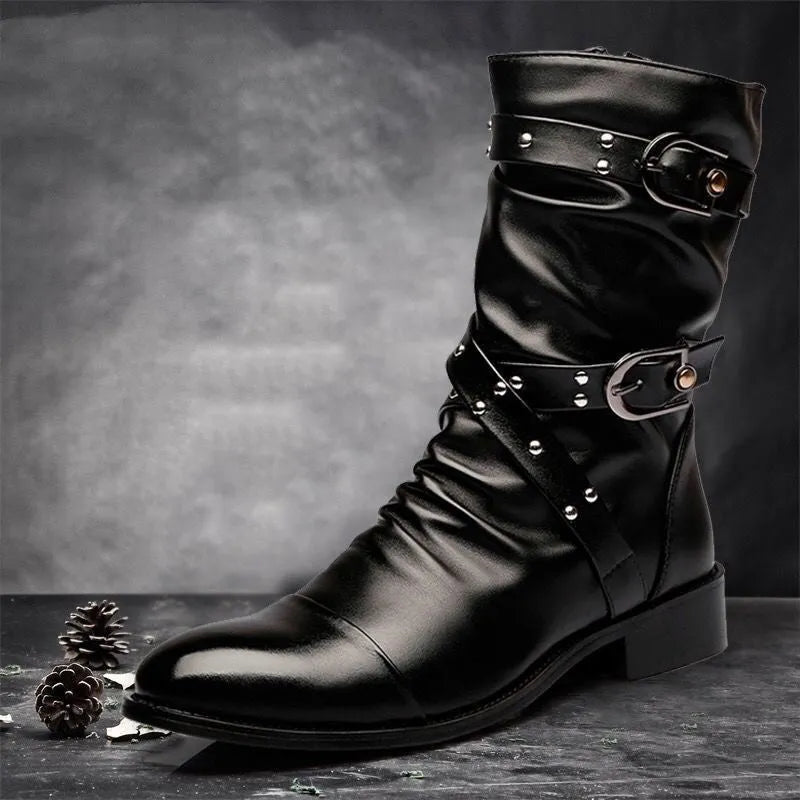 Men's black PU leather pointed toe wellingtons with side zipper and rubber sole