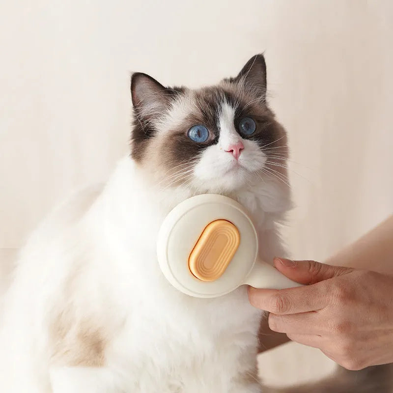 Cat grooming brush with stainless steel teeth and non-slip handle in green and yellow colour options