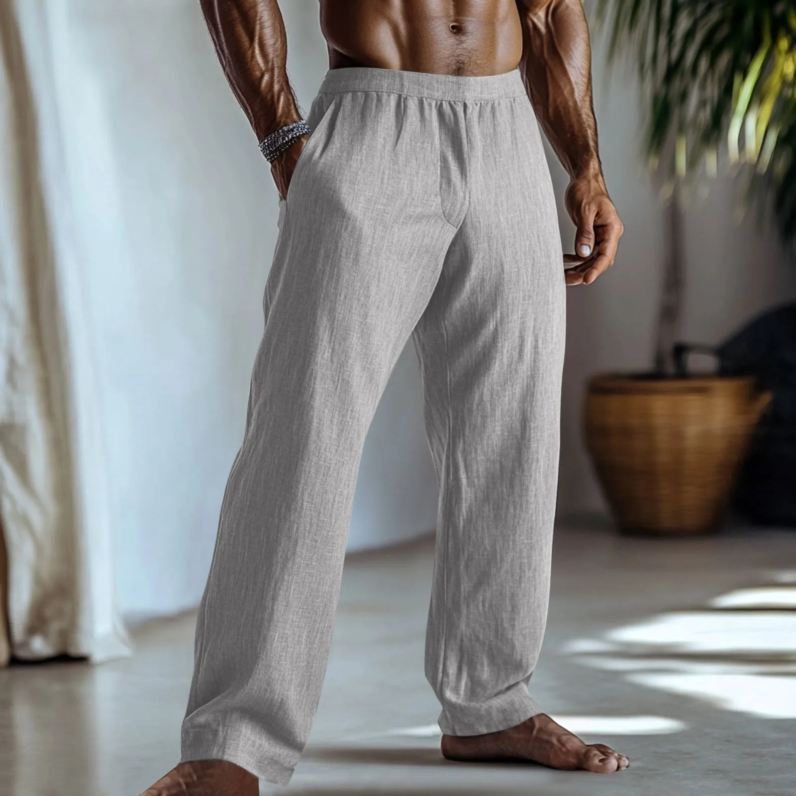 Men's straight leg cotton linen trousers in light green with side pockets and British casual styling