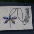 Rainbow-coloured alloy dragonfly keychain keyring with 60cm snake chain necklace and earrings set