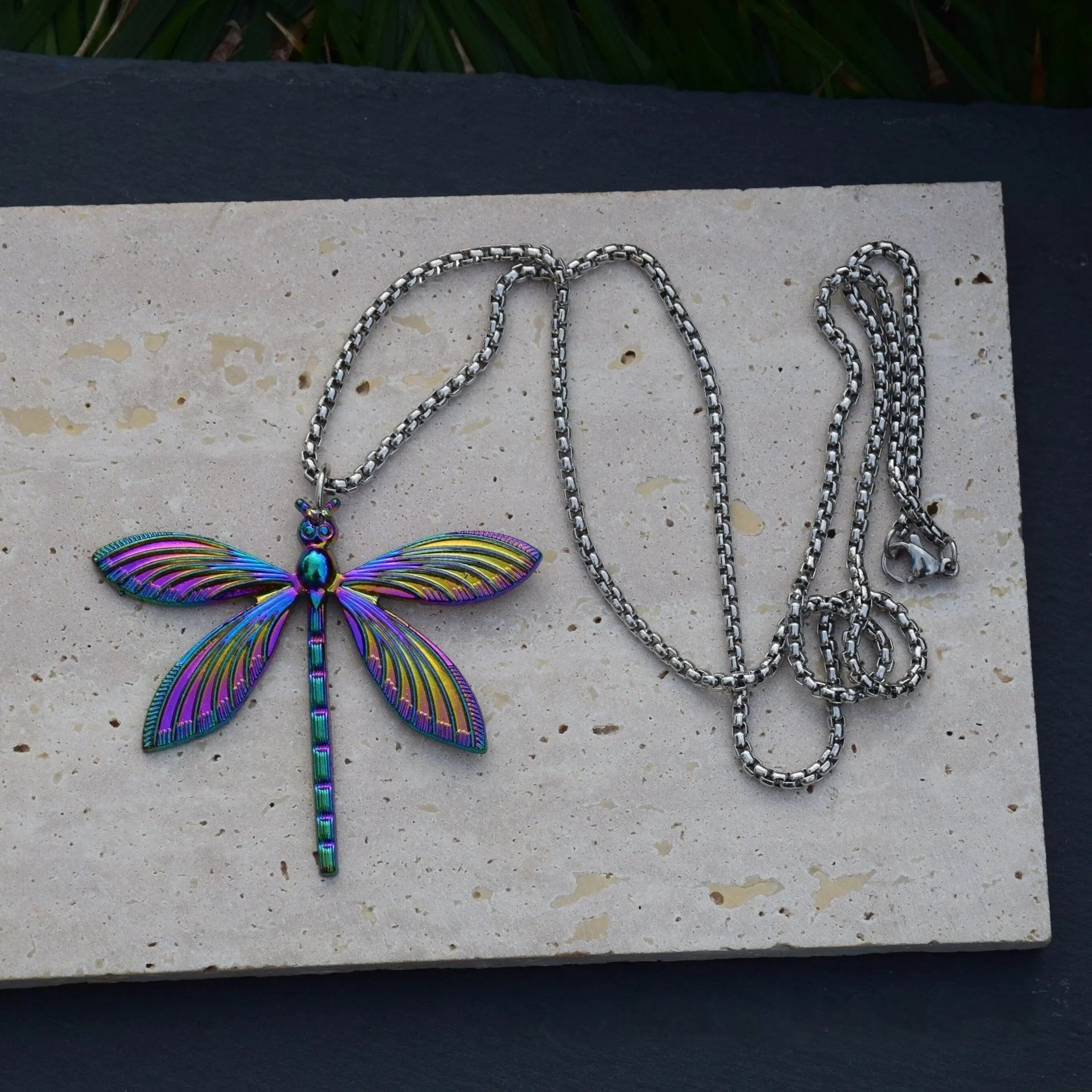 Rainbow-coloured alloy dragonfly keychain keyring with 60cm snake chain necklace and earrings set