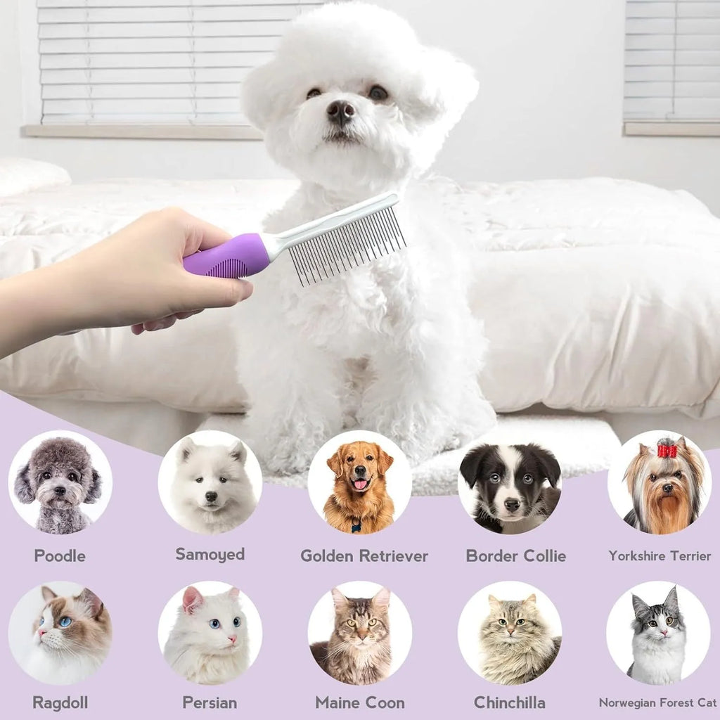 Purple pet grooming comb with stainless steel teeth on ergonomic handle