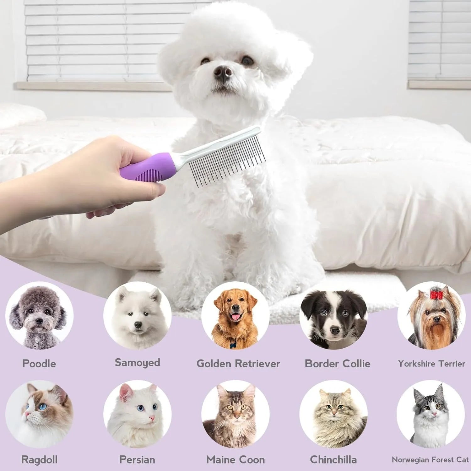 Purple pet grooming comb with stainless steel teeth on ergonomic handle