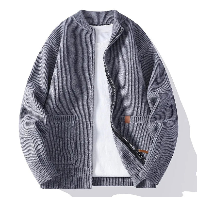 Men's striped cardigan jacket in polyvinyl alcohol fiber blend available in five colours with straight cut silhouette