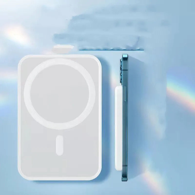 Magnetic wireless charging power bank in white with creative foot design showing charging surface