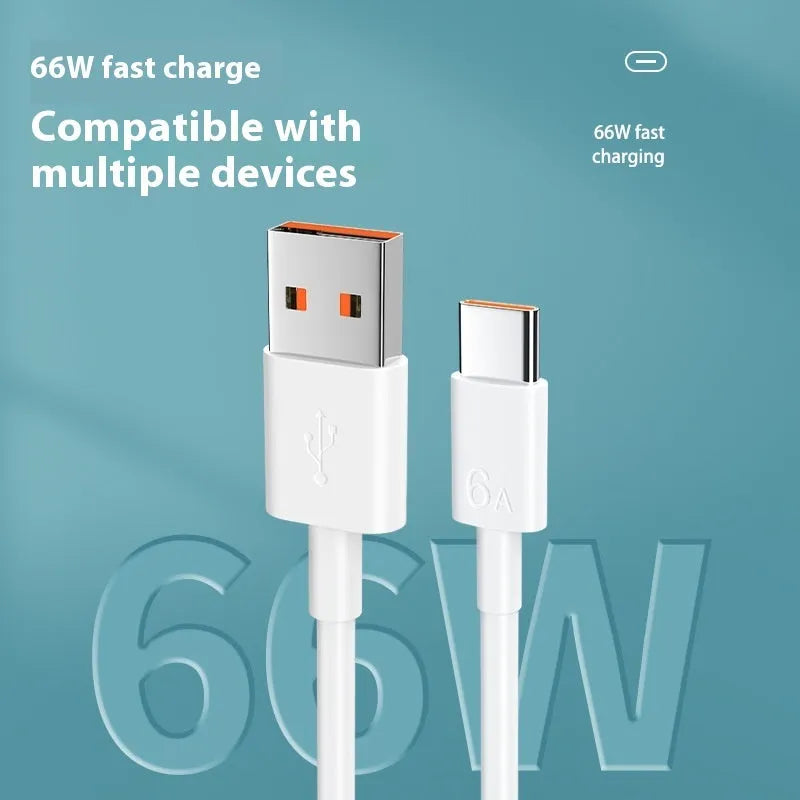 White 6A super fast charge data cable with Type-C connector, 1m length