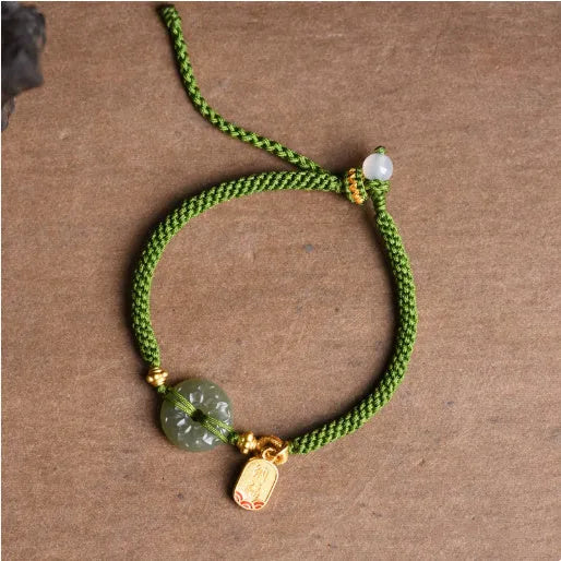 Hand-woven corn knot women's bracelet with Hetian jade peace buckle and silver safety buckle closure