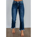 Women's solid colour denim jeans in dark blue or light blue, made from cotton fabric.