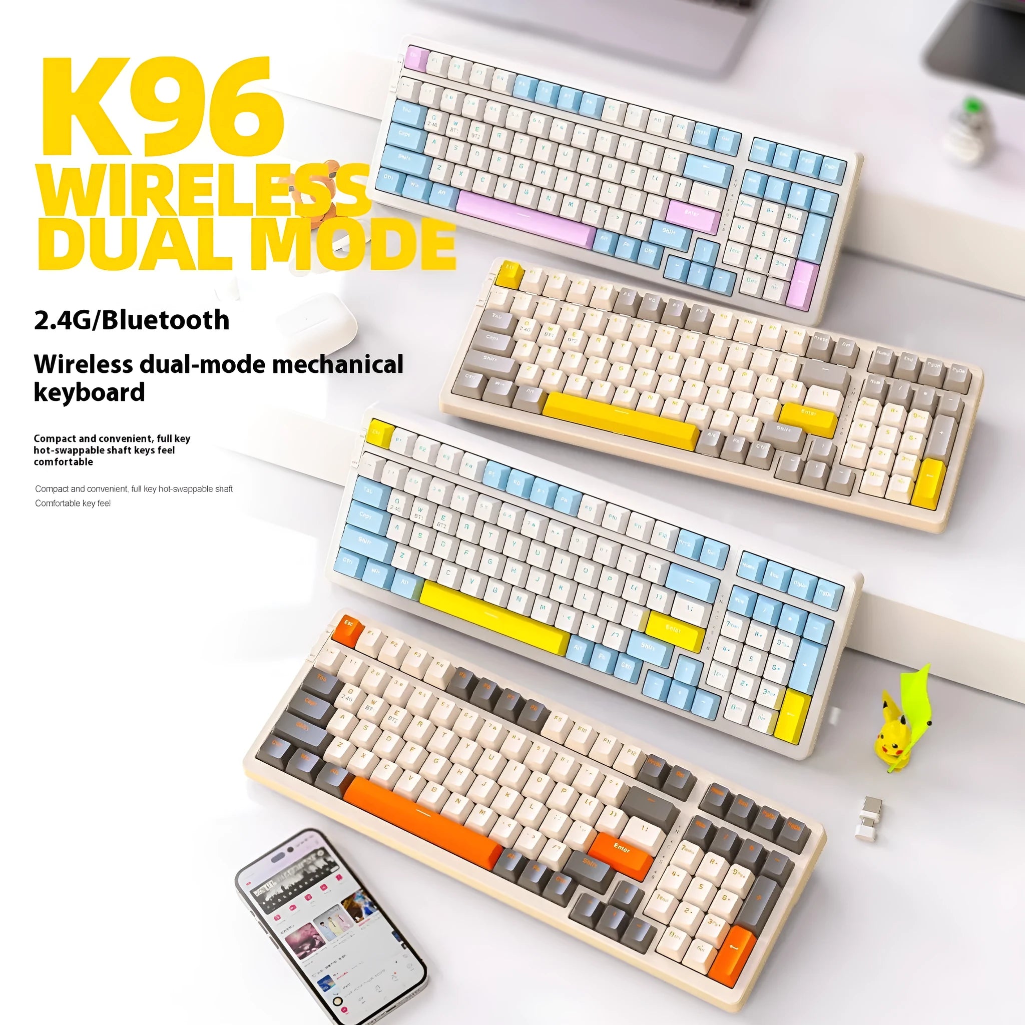 K96 Bluetooth dual-mode mechanical keyboard with red switches in blueberry, cheese, lemon, and shimmer colour options