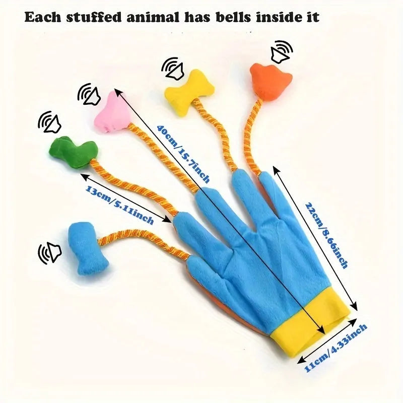 Yellow and blue plush cat toy with bell measuring 40cm long