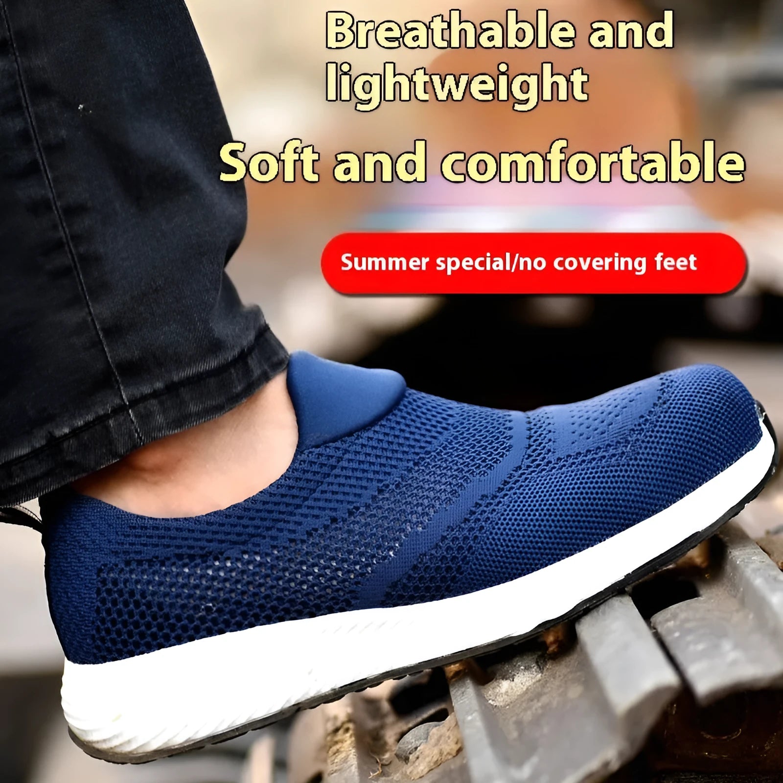 Men's steel toe work shoes with anti-puncture soles in black, blue, red colours