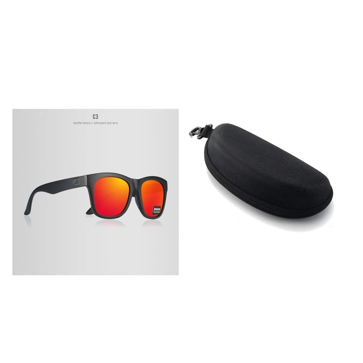 Polarised sunglasses with TAC lenses and PC frame for UV protection during outdoor activities.