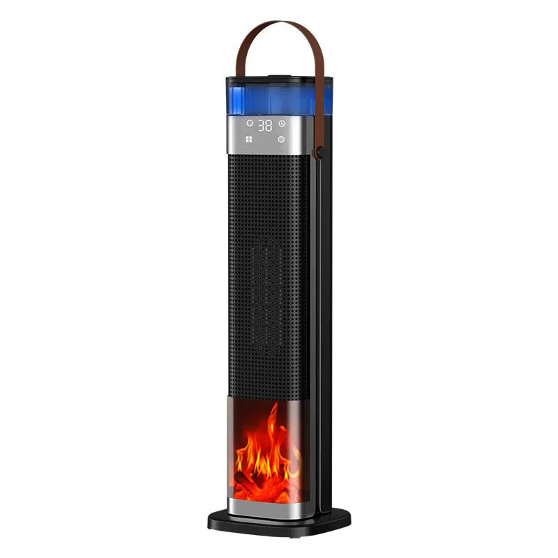 Vertical tower heater with humidification function and remote control, white casing.