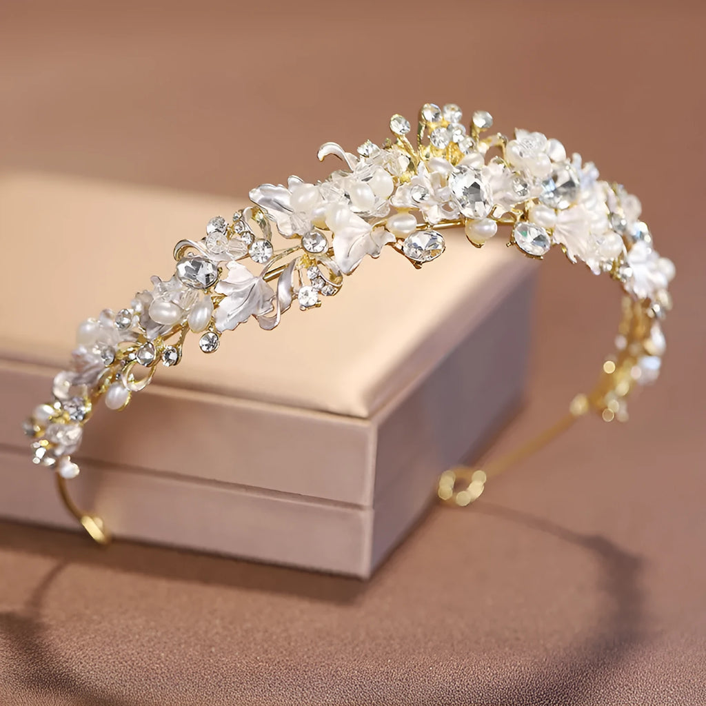 Pearl crown headdress hair accessory for women in gold or silver electroplated alloy