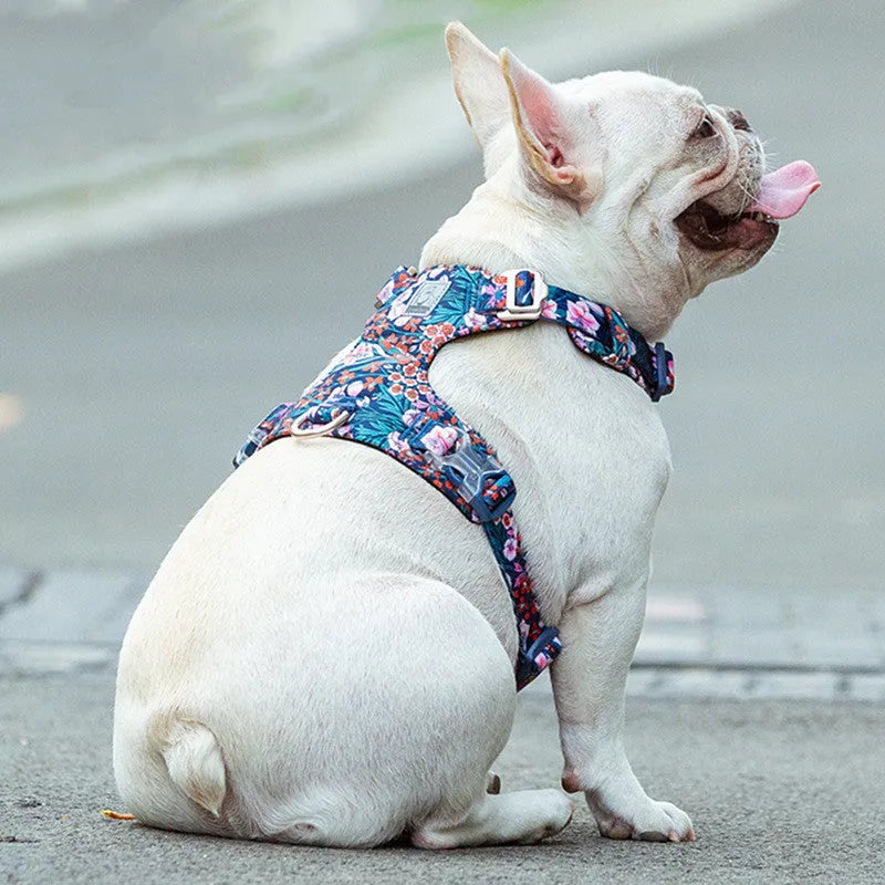 Pure cotton dog harness chest strap with floral pattern in red, blue or green colour options