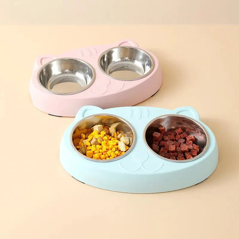 Blue macaron-shaped plastic pet feeder tray with two bowls for cat or dog food and water
