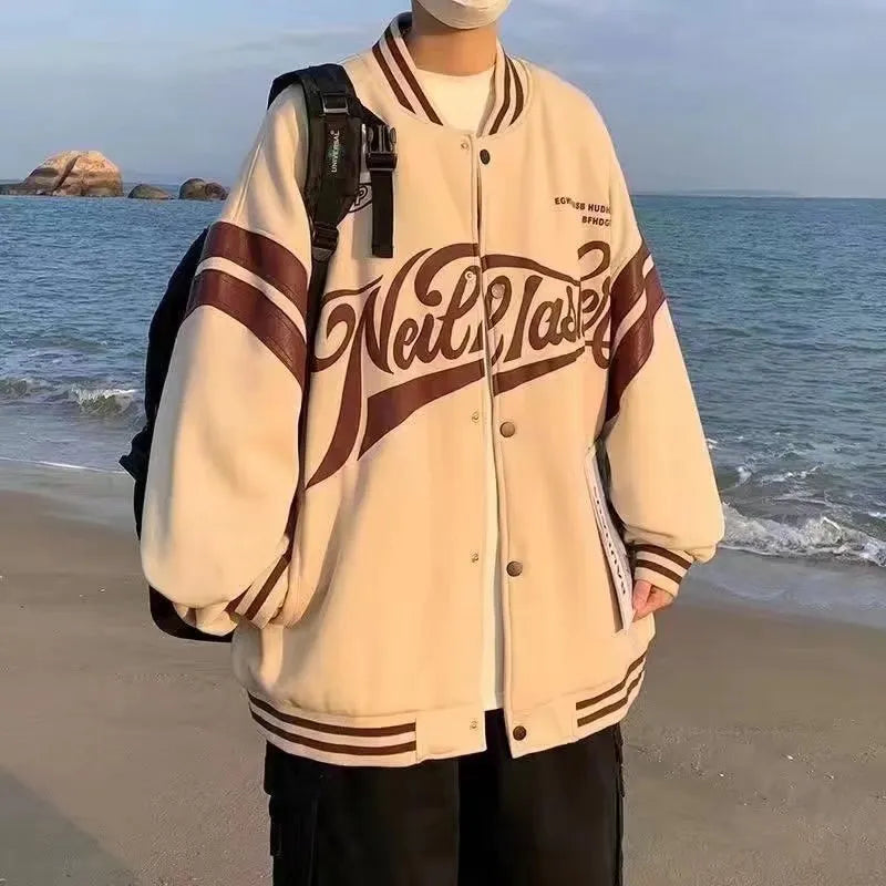 Men and women loose fit baseball style jacket with stand-up collar and colour block detailing in khaki