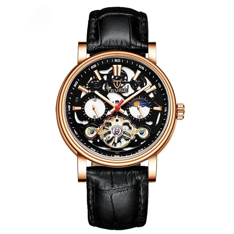 Men's casual tourbillon mechanical watch with luminous hands on a black leather strap.