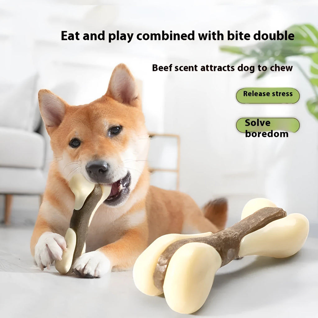 Cowhide and nylon dog bone grinding rod chewing toy in foodie bone design