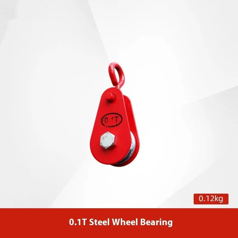 Red industrial steel lifting pulley with a safety latch on the hook.