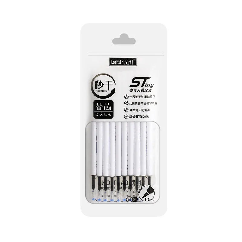 Pack of 10 quick-drying bullet gel pen refills in black, red, blue, and ink blue colours.