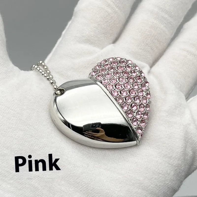 Brick-inlaid heart-shaped metal USB flash drive showing colour options and compact dimensions