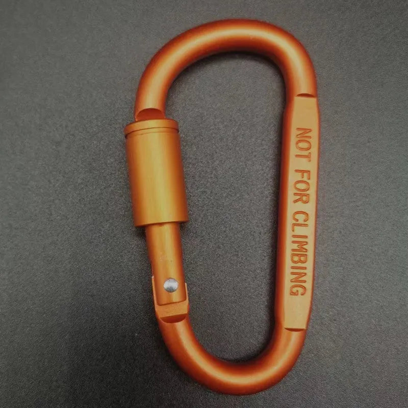 D-type aluminium carabiner with lock mechanism in bright colours measuring 8cm