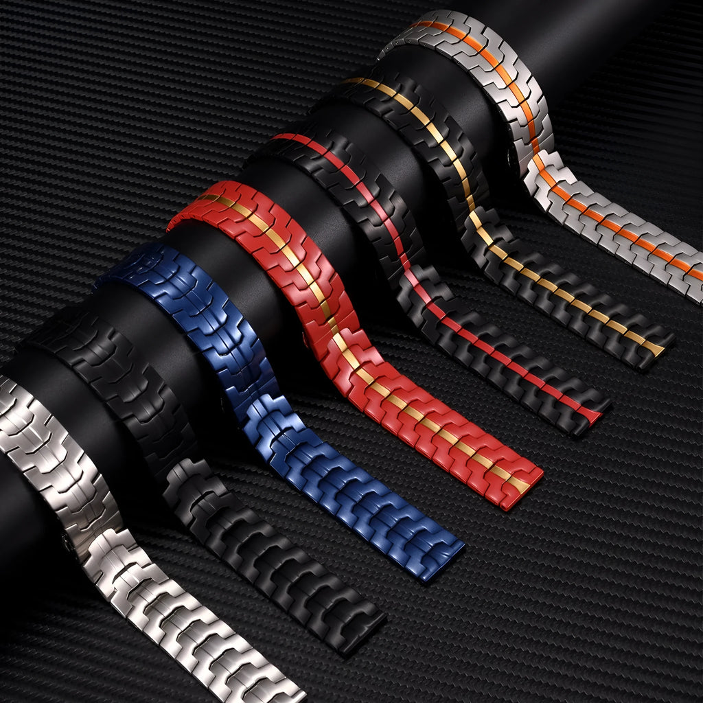 Stainless steel watch band for Samsung Galaxy Watch showing silver and black colour options