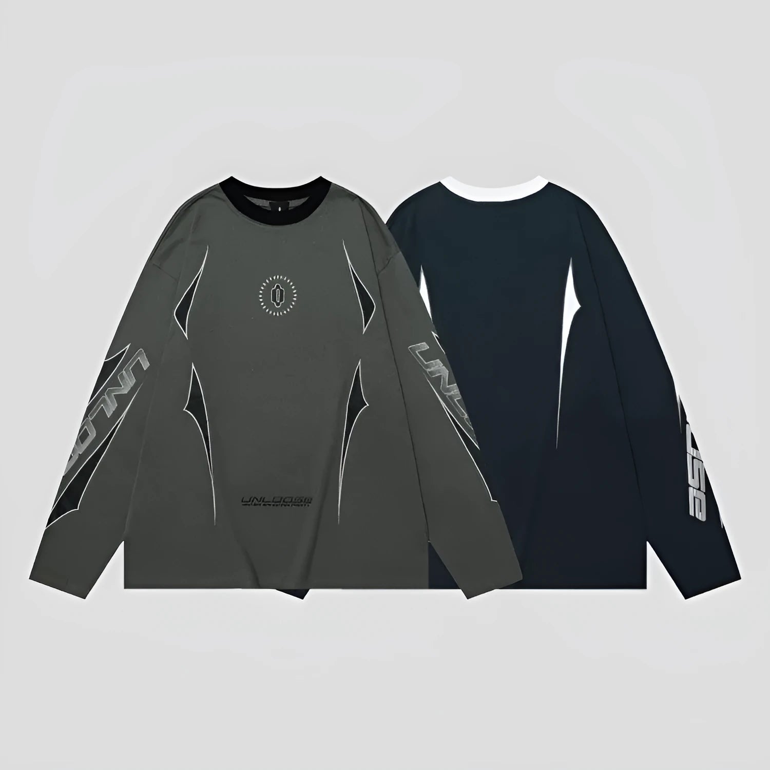 Man wearing a gray khaki loose fit cotton sweatshirt with a letter pattern and drop shoulder sleeves.