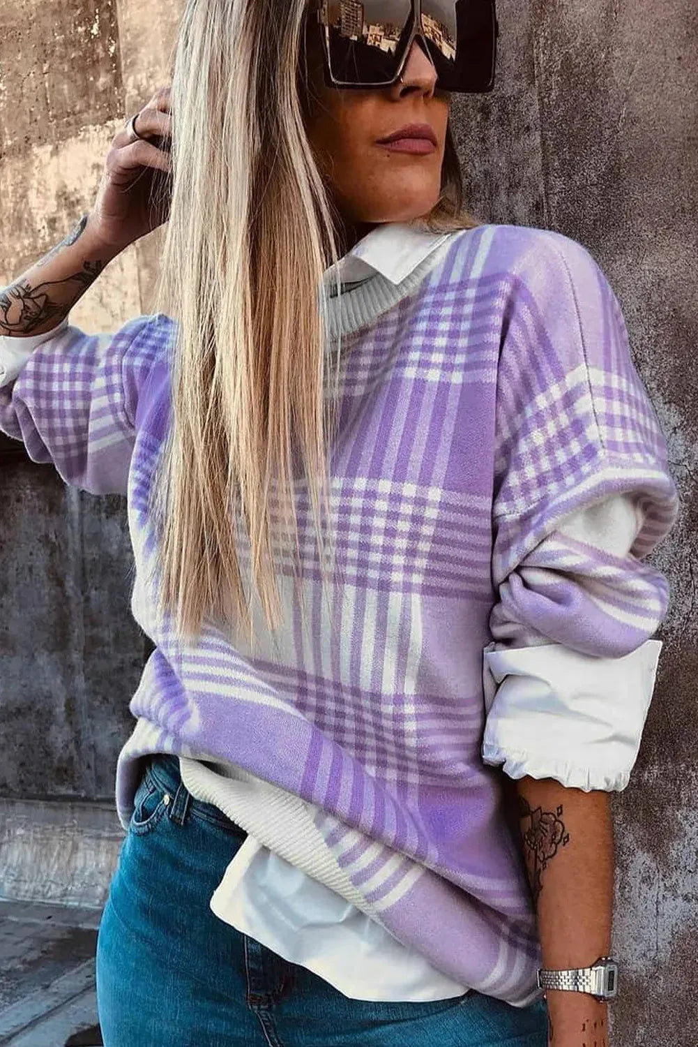 Loose lilac plaid print sweater with ribbed trim on cuffs and hem, long sleeves.