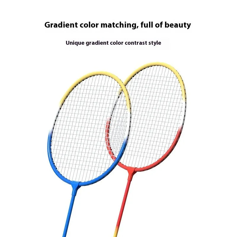 Blue and red ultra-light alloy split badminton rackets shown as a full pair.