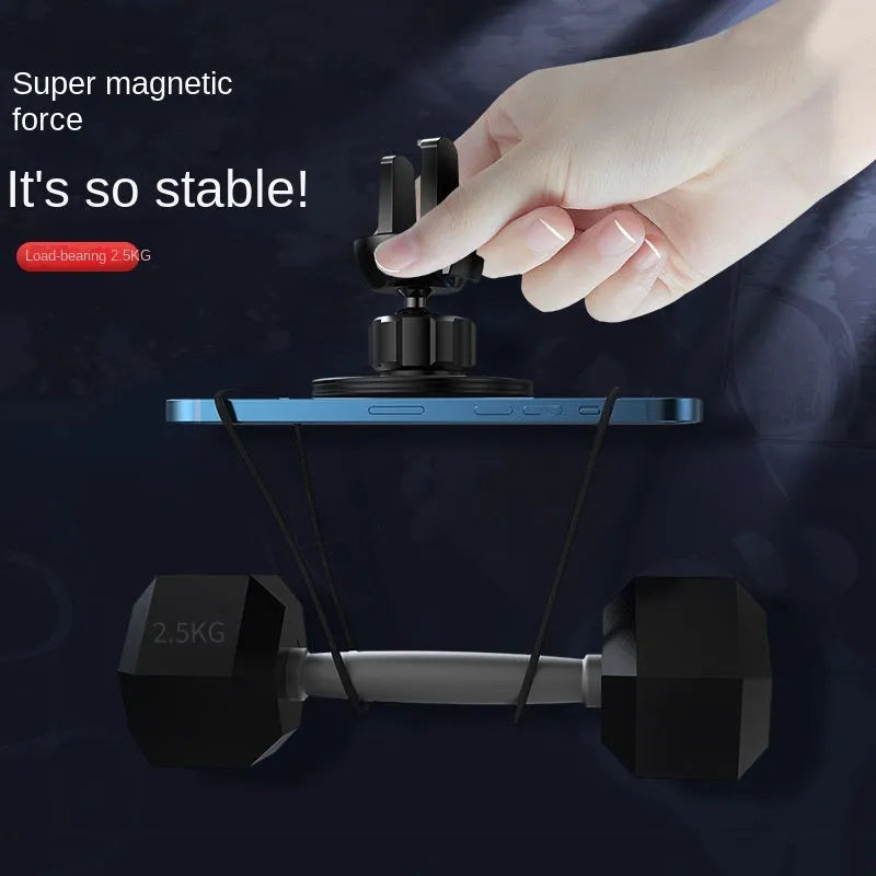 Black aluminium alloy magnetic suction car air outlet phone holder mounted on vehicle dashboard vent