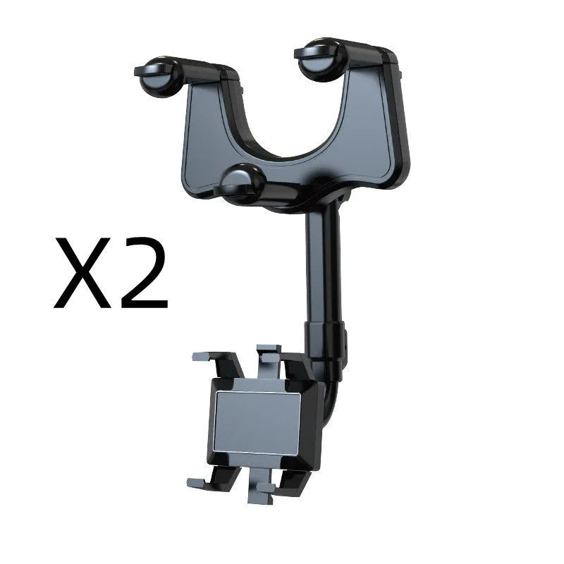 Black rearview mirror phone holder with rotating head and telescopic arm mounted on a car mirror.