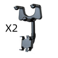 Black rearview mirror phone holder with rotating head and telescopic arm mounted on a car mirror.
