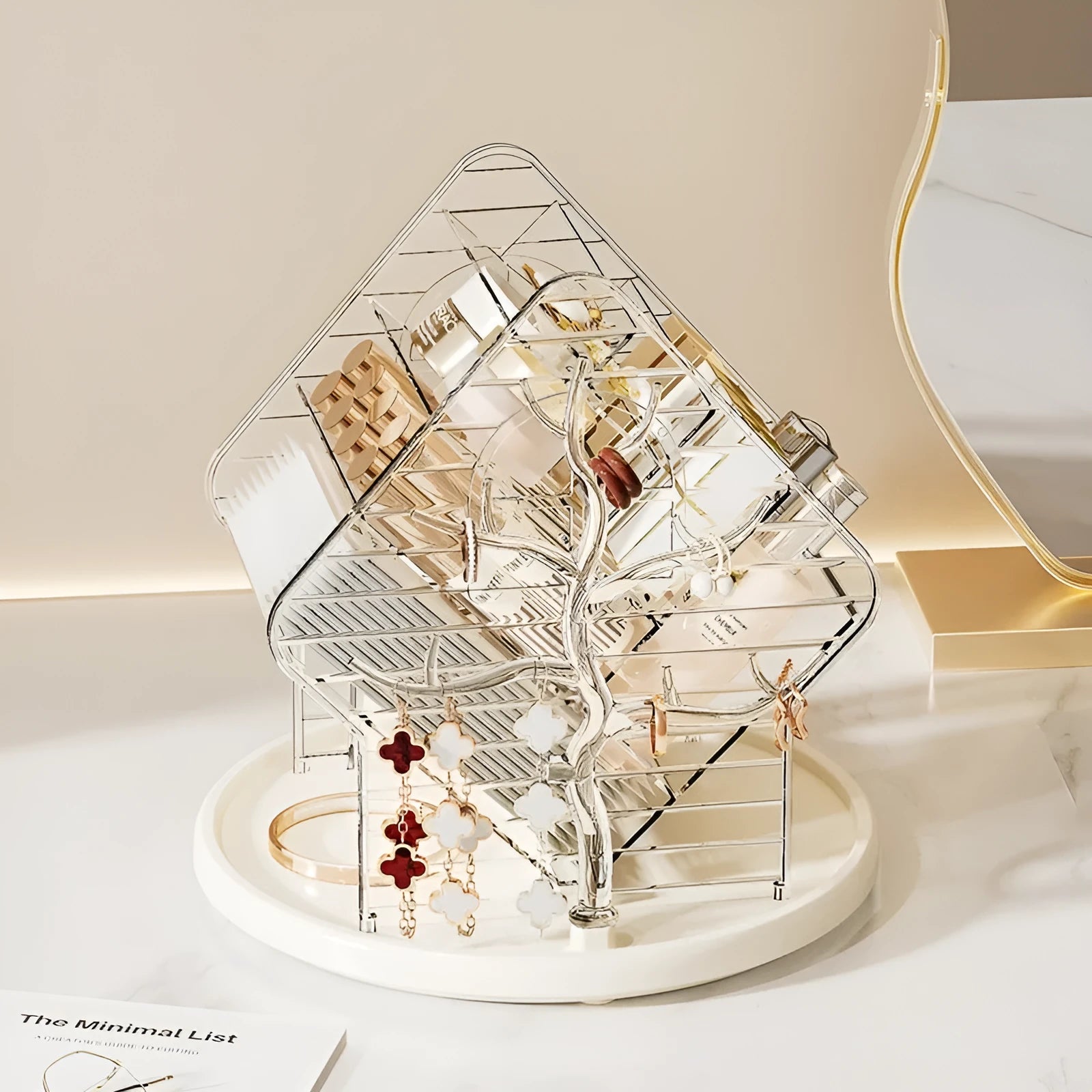 Clear and amber gold rotating plastic cosmetics storage box on a vanity
