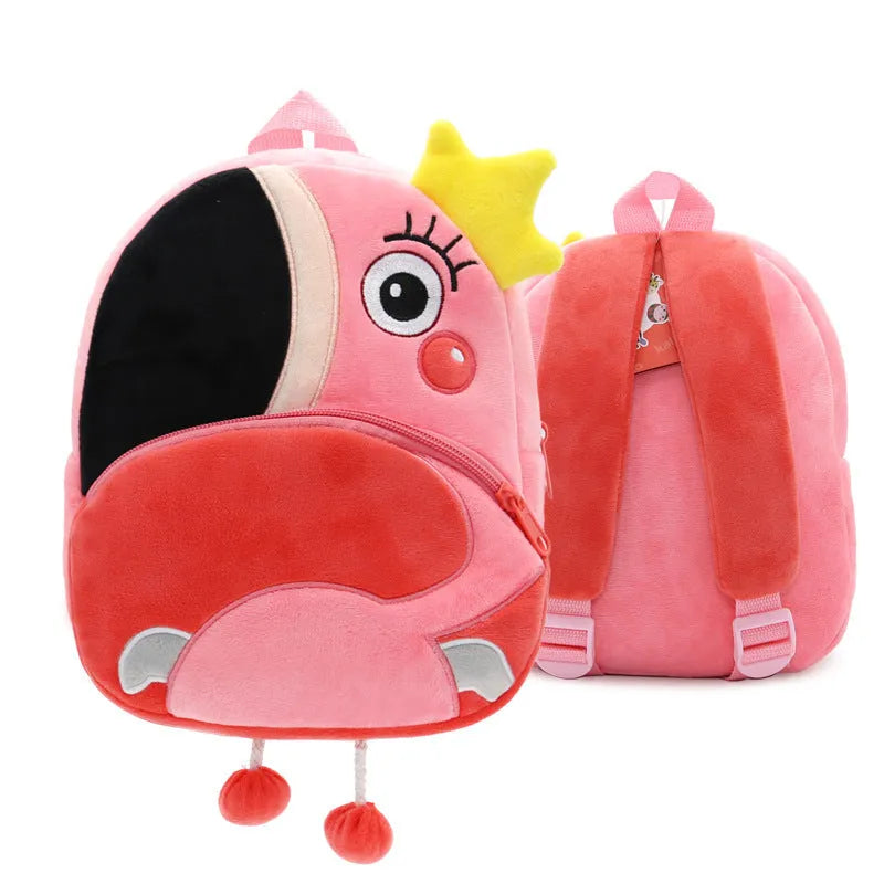 Plush animal backpack for children with zipper closure measuring 26x24x10cm