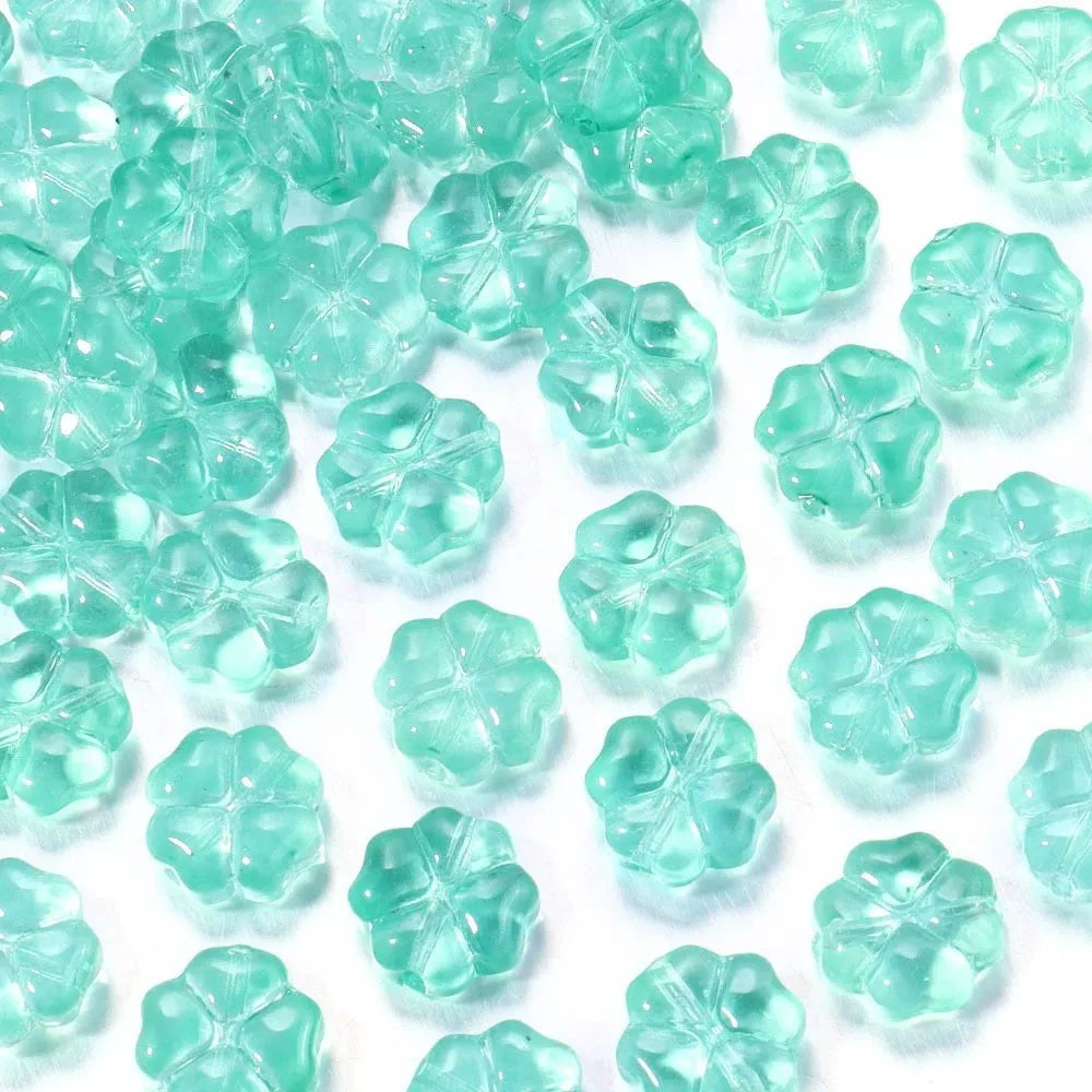50 glass four-leaf clover beads in assorted colours with coloured glaze finish and 10mm straight hole design.