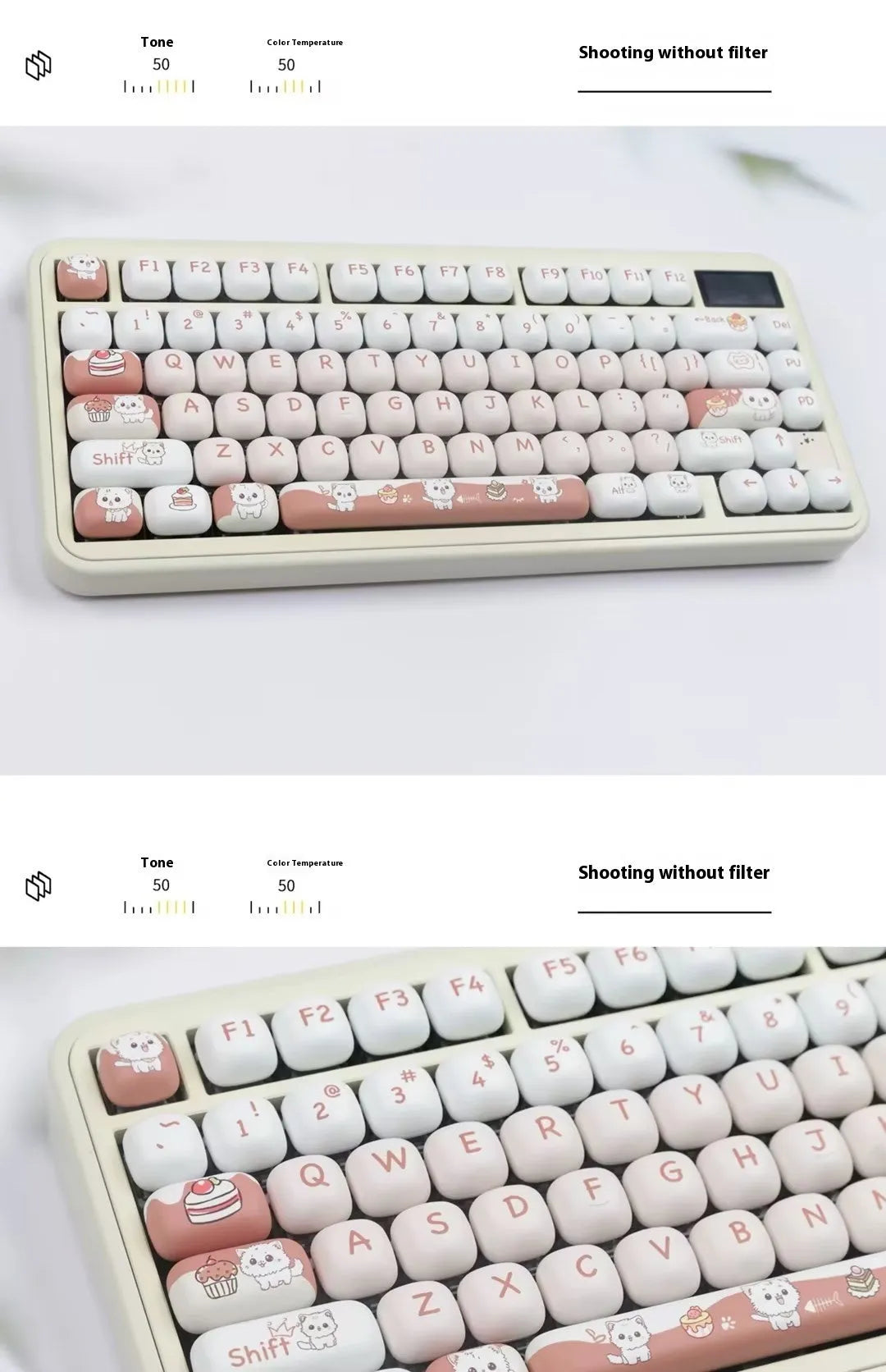 Dessert Cat MOG round sublimation key cap set for mechanical keyboards, shown in cartoon anime design.