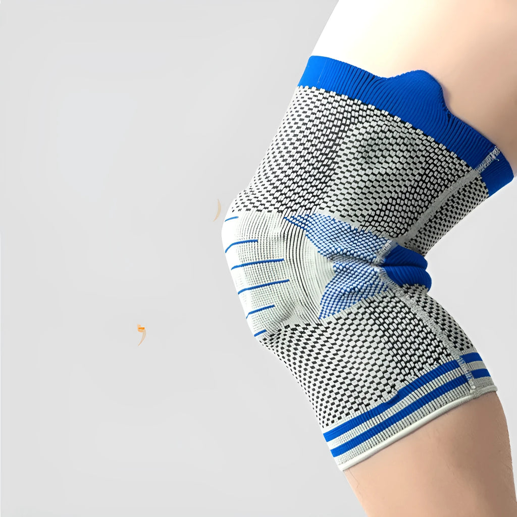 Cotton knee pad with silicone massage spring bar shock absorber in black and gray colour.