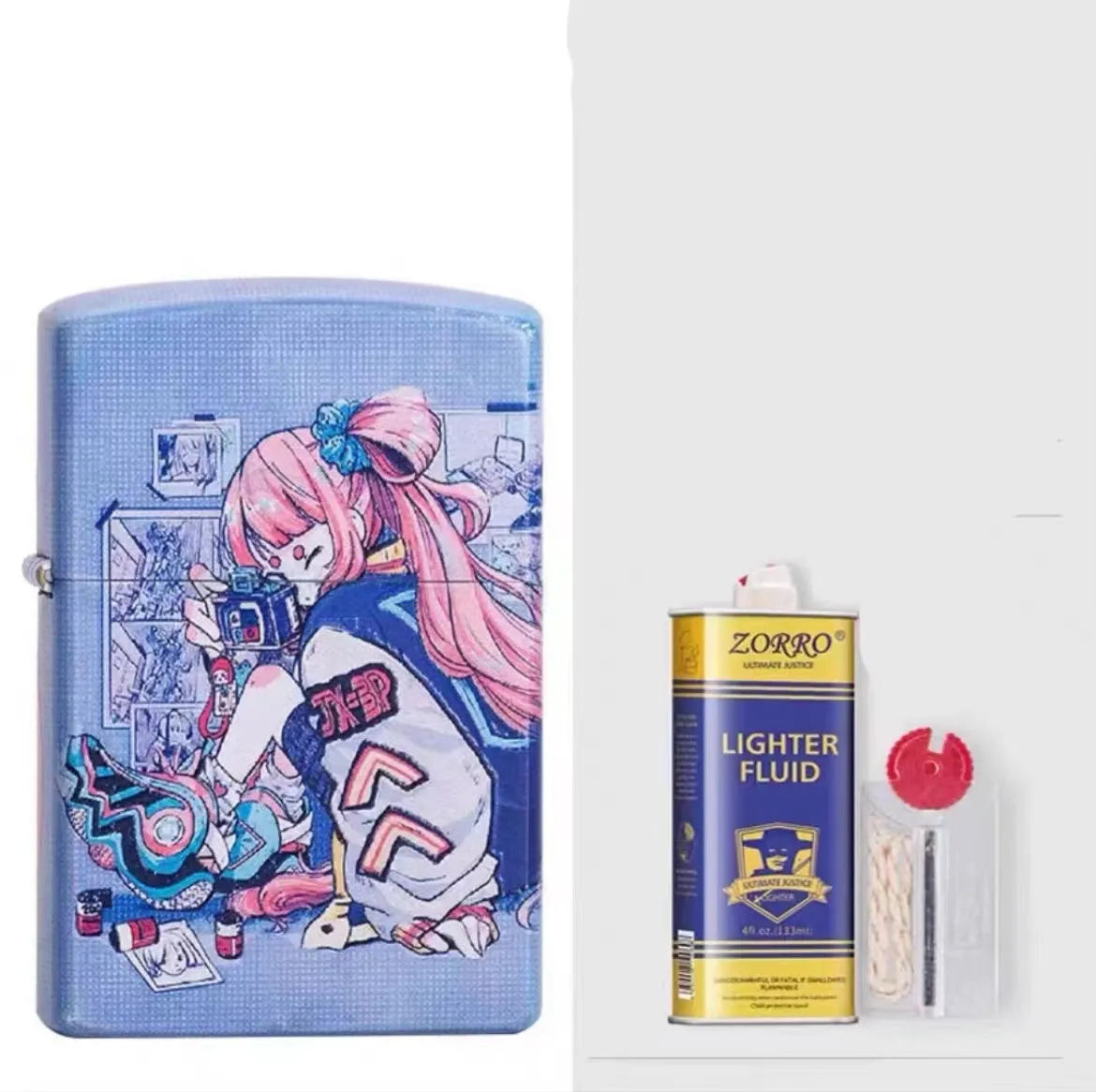 Windproof kerosene lighter with artistic design, steel and copper construction, 58x39x13mm dimensions