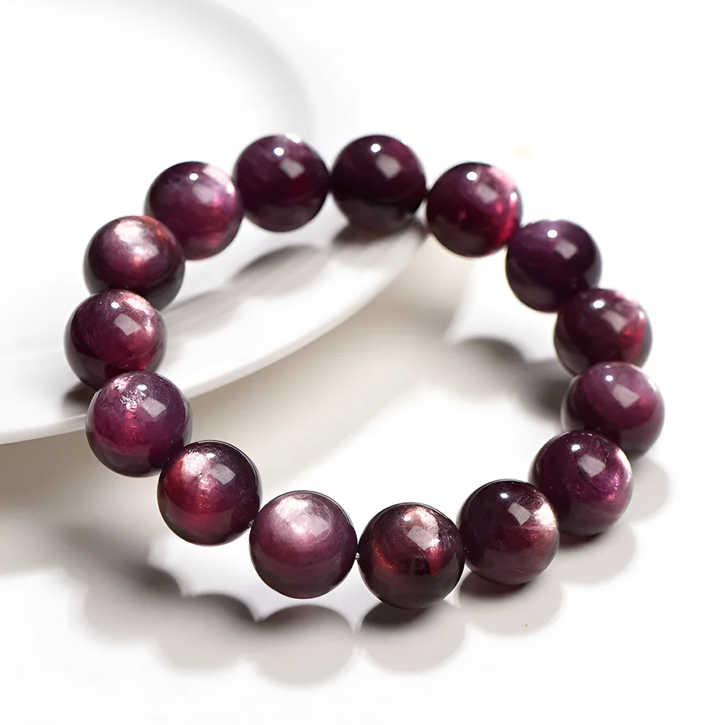 Natural purple lepidolite crystal bracelet with polished round beads in geometry style
