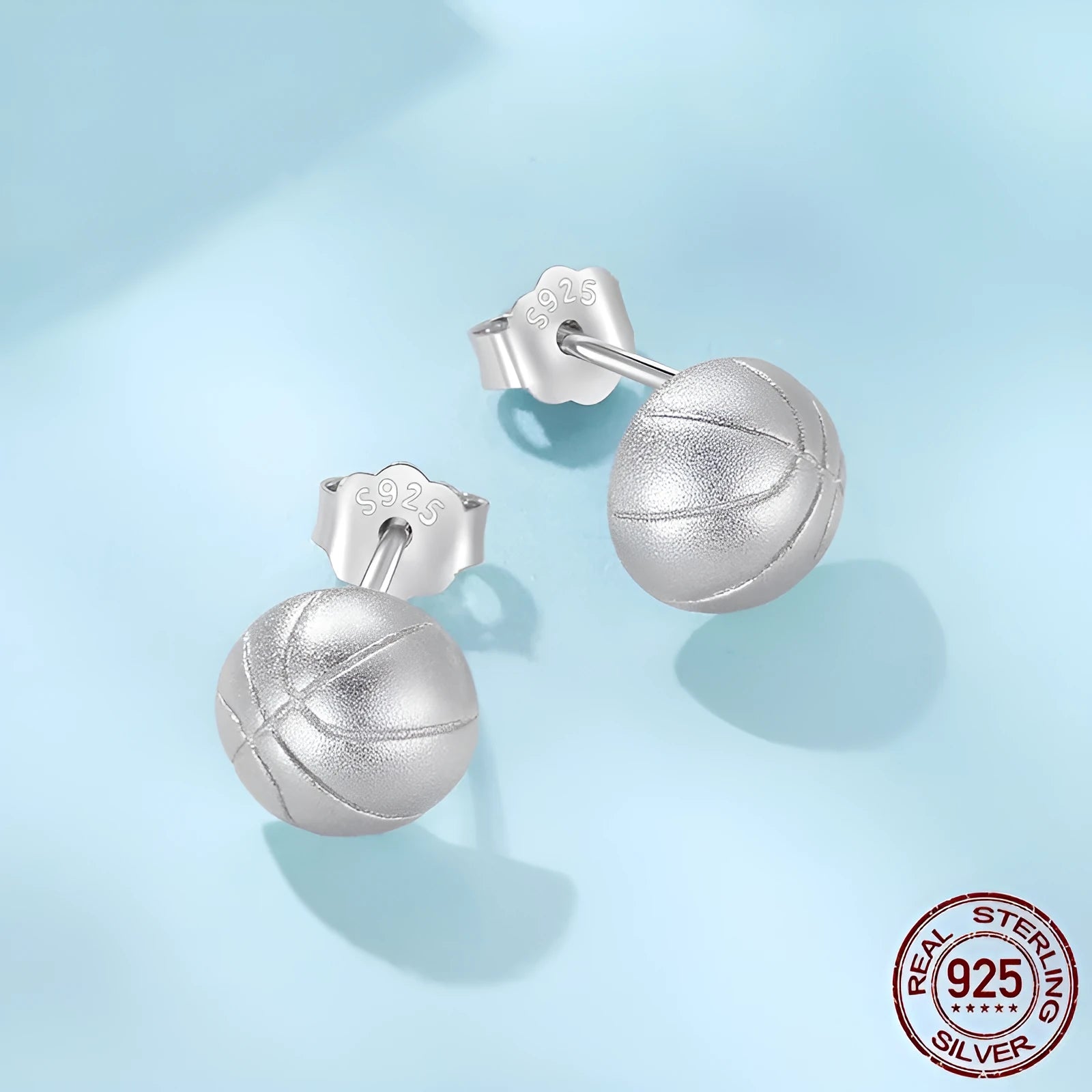 S925 Sterling Silver Basketball Stud Earrings for Women Electroplated Silver Stud Earrings in Colour SCE1906 Pair of Sports Themed Earrings