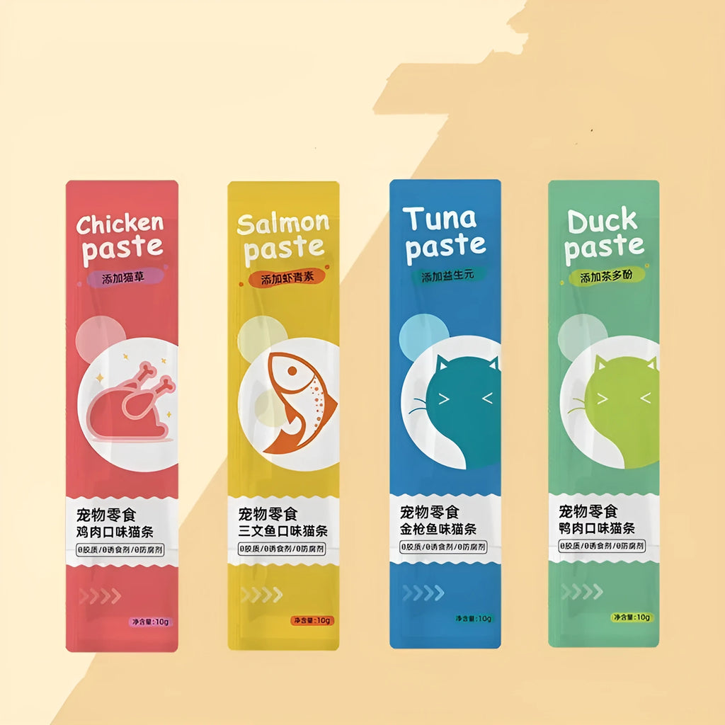 Packet of 10 multi-flavour cat strip snacks for kittens.