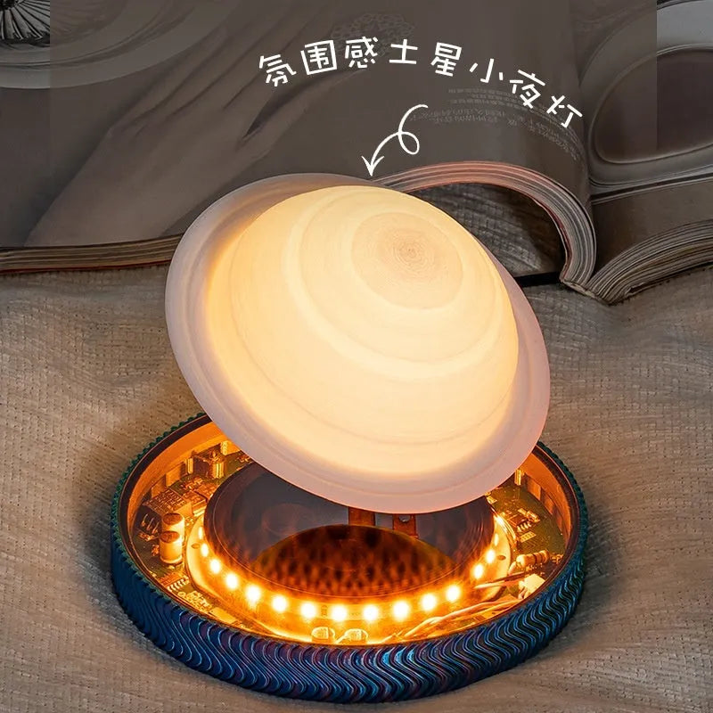 Magnetic suspension moon lamp floating above base with 3D printed celestial design