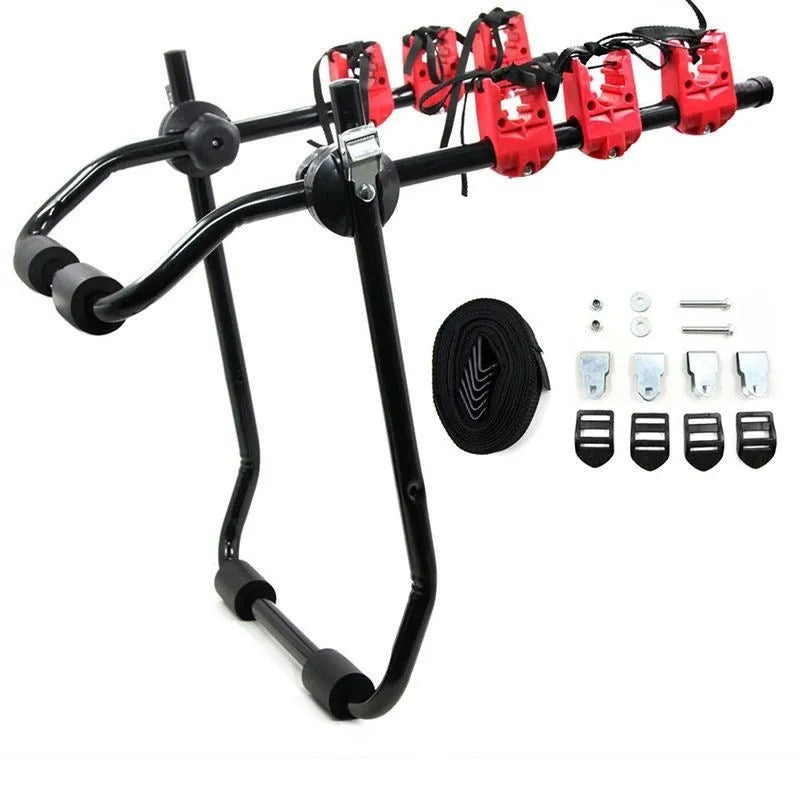 Black and red trunk mounted bike rack for cars with tie rope and pull belt fastening options.