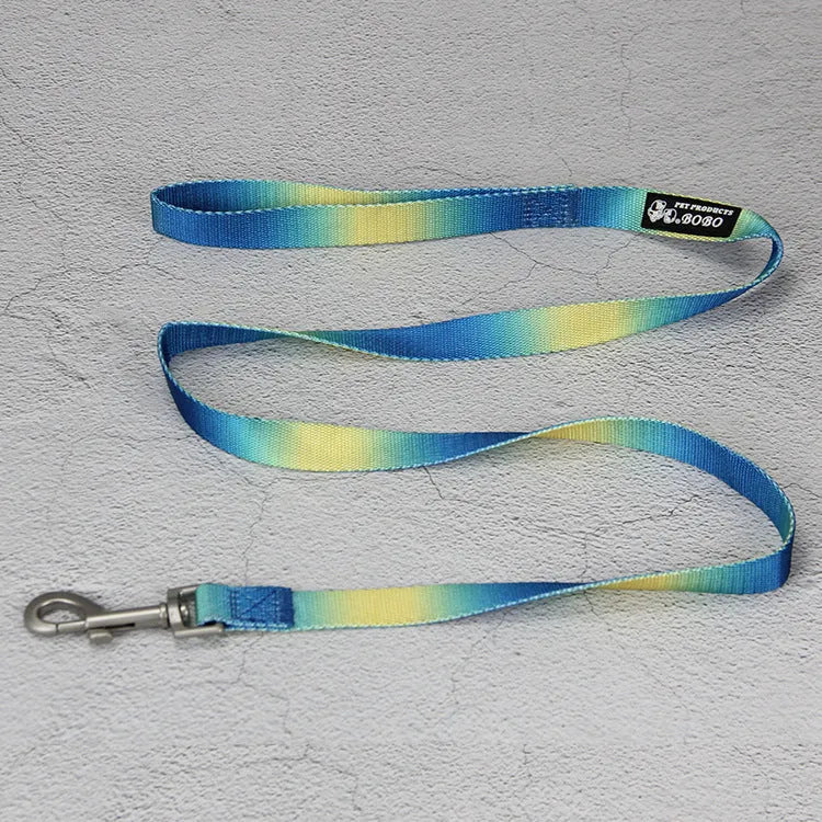 Nylon dog leash set with collar and harness in a pink and blue gradient colour.