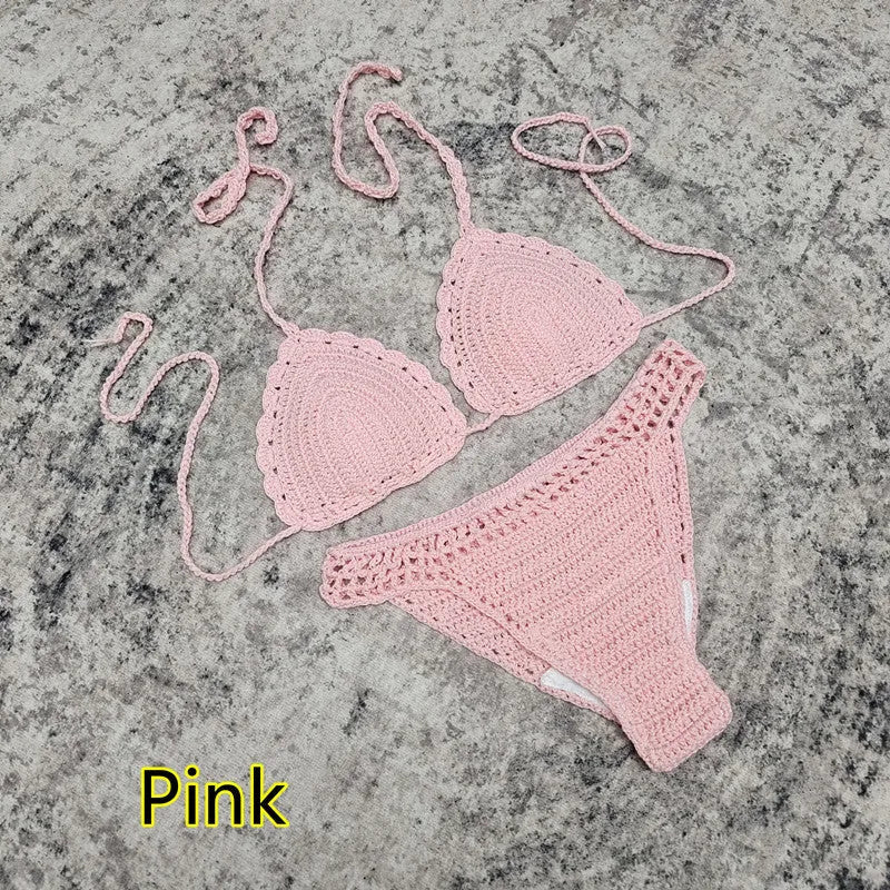 Women's three-piece bikini set with handmade crochet beach skirt in acrylic fabric