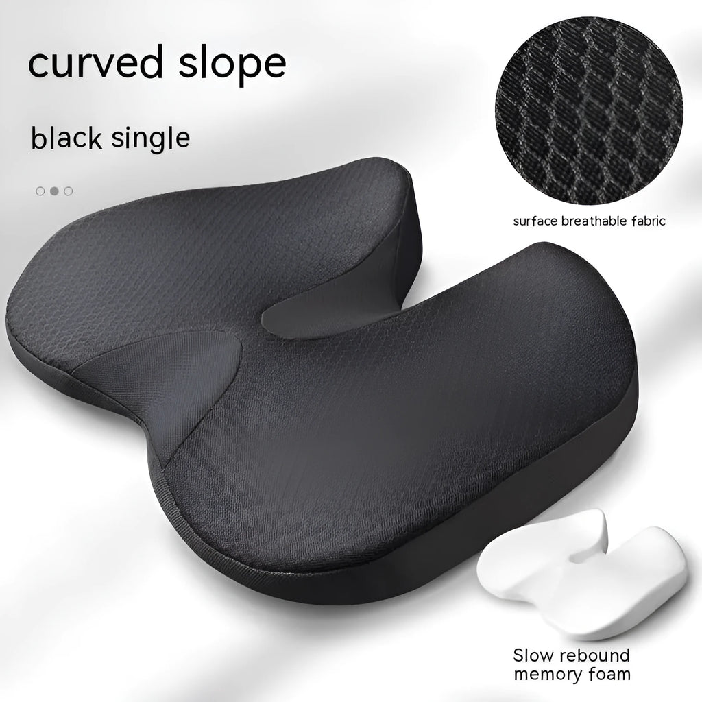 Curved bevel memory foam seat cushion for tailbone support in beige colour.